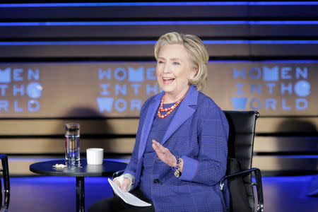 FILE PHOTO: Hillary Clinton, Former Secretary of State speaks during the Women In The World Summit in New York City, U.S., April 13, 2018. REUTERS/Eduardo Munoz