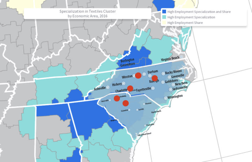 “Textile Towns to Bio-Material Innovators” via WWD. (Data source: U.S. Cluster Mapping Project, 2016). In red, cities Union, Spartanburg, Charlotte, Greensboro and Raleigh are highlighted to illustrate parallels between current and former textile clusters.