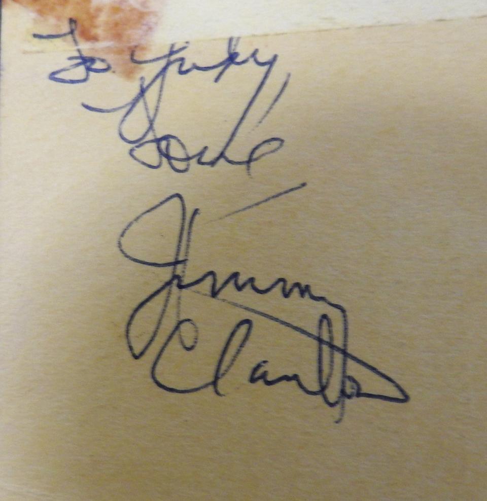 An autograph by musician Jimmy Clanton on the back of Judy Blair's the ticket for the Winter Dance Party concert held in February 1959 in Coshocton.