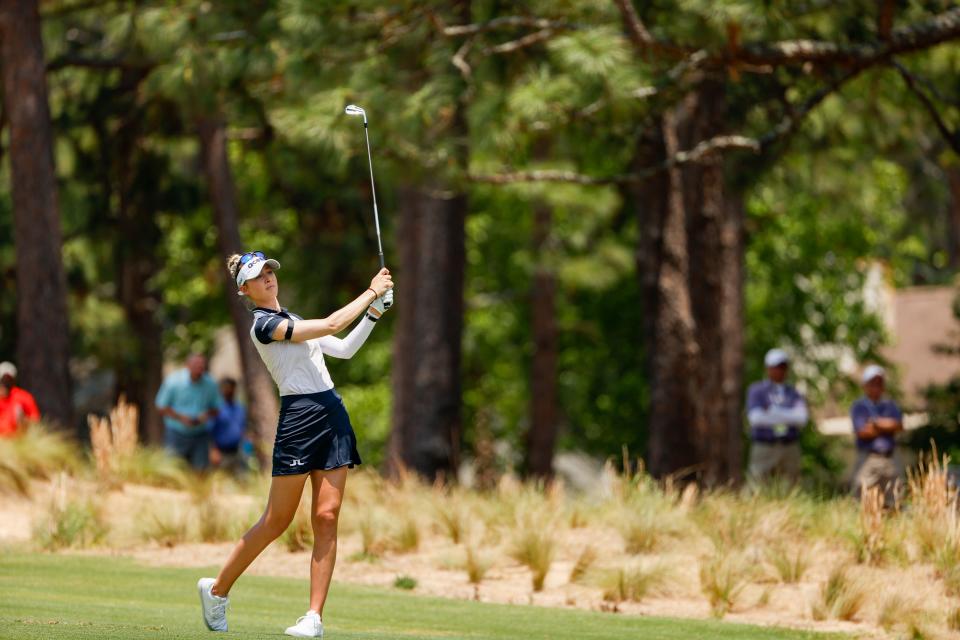Nelly Korda hits a shot on the second hole during a practice round at the 2022 U.S. Women's Open Presented by ProMedica at Pine Needles Lodge & Golf Club in Southern Pines, N.C. on Monday, May 30, 2022. (Chris Keane/USGA)