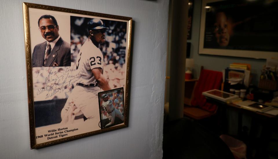 A picture of Detroit Tigers great Willie Horton on one of the walls that Mike "Tiger" Price has hung up in the basement of his Detroit home that's full of Detroit Tigers and other sports memorabilia on April 6, 2022. Price is a Tigers super fan.