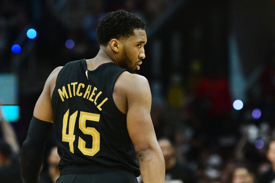 Cavaliers guard Donovan Mitchell reacts after a basket during the second half against the Magic in Game 7 of a first-round playoff series, May 5, 2024, in Cleveland.