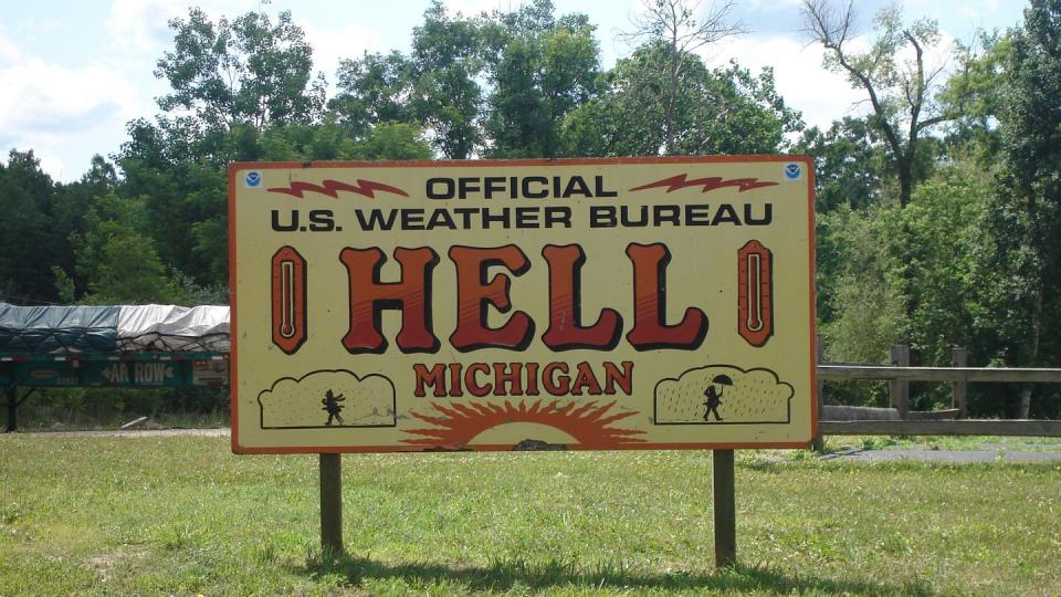 <p>While there isn't a clear idea <a href="http://www.gotohellmi.com/" rel="nofollow noopener" target="_blank" data-ylk="slk:why this town was named Hell;elm:context_link;itc:0;sec:content-canvas" class="link ">why this town was named Hell</a>, the town has embraced it with a "Go to Hell" slogan and other pun infused advertisements.</p><p><a href="https://commons.wikimedia.org/wiki/File:NWS_Hell_MI.jpg#/media/File:NWS_Hell_MI.jpg" rel="nofollow noopener" target="_blank" data-ylk="slk:Photo by Sswonk via Wikimedia;elm:context_link;itc:0;sec:content-canvas" class="link "><em>Photo by Sswonk via Wikimedia</em></a></p>