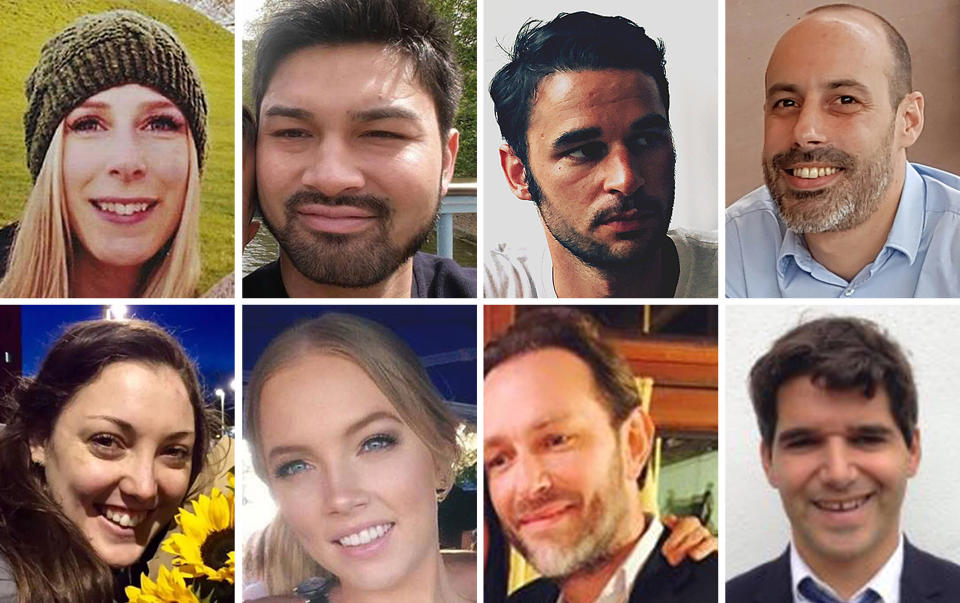 Victims of the London Bridge terrorist attack (top row left to right) Canadian Christine Archibald, James McMullan, Alexandre Pigeard, French chef Sebastien Belanger, (bottom row left to right) Australian nurse Kirsty Boden, Australian Sara Zelenak, Xavier Thomas and Spanish banker Ignacio Echeverria (Picture: PA)