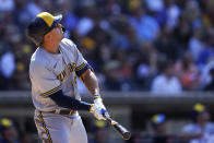 Milwaukee Brewers' Tyrone Taylor watches his RBI sacrifice fly during the seventh inning of the team's baseball game against the San Diego Padres, Wednesday, May 25, 2022, in San Diego. (AP Photo/Gregory Bull)