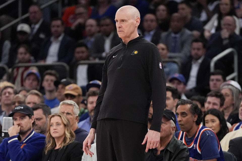 Indiana Pacers head coach Rick Carlisle looks on from the sideline during the second half of Game 7 in an NBA basketball second-round playoff series against the New York Knicks, Sunday, May 19, 2024, in New York. The Pacers won 130-109. (AP Photo/Julia Nikhinson)