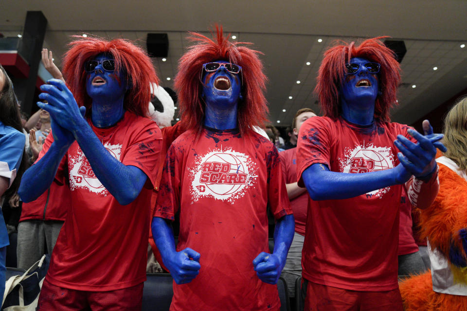 Dayton fans cheer during the first half of the team's NCAA college basketball game against Lindenwood, Monday, Nov. 7, 2022, in Dayton, Ohio. (AP Photo/Jeff Dean)