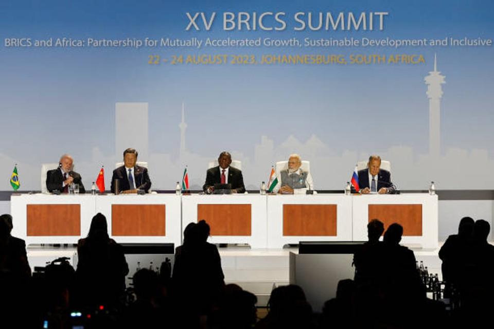 President of Brazil Luiz Inacio Lula da Silva, president of China Xi Jinping, South African president Cyril Ramaphosa, prime minister of India Narendra Modi and Russia’s foreign minister Sergei Lavrov  attend the 2023 Brics Summit at the Sandton Convention Centre in Johannesburg on 24 August 2023 (AFP via Getty Images)