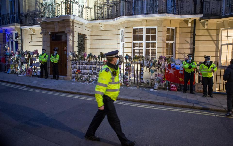Police stand outside Embassy of the Republic of the Union of Myanmar in London -  Jamie Lorriman