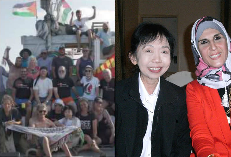 Low-resolution photo transmitted from the Al Awda during its final hours of navigation (left) and Dr Ang Swee Chai (in black). (PHOTOS: Freedom Flotilla Coalition website & courtesy of Dr Ang)