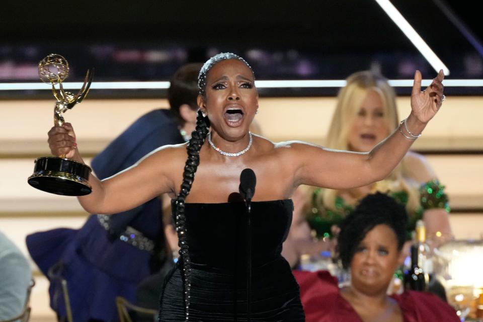 Sheryl Lee Ralph will perform the Black national anthem at the 57th Super Bowl. Here she accepts the award for outstanding supporting actress in a comedy series for her role in “Abbott Elementary."