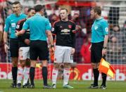 Football Soccer - Sunderland v Manchester United - Barclays Premier League - Stadium of Light - 13/2/16 Manchester United's Wayne Rooney talks to referee Andre Marriner at the end of the match Reuters / Phil Noble Livepic