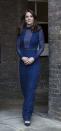 <p>The Duchess of Cambridge attended a reception ahead of their tour of India and Bhutan at Kensington Palace in a navy high-collared and polka dot ensemble. </p>