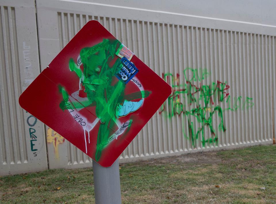 The Pensacola Police Department is investigating the recent rise in antisemitic graffiti and vandalism within the city limits, such as this example on Interstate-110 near East Gregory Street. 