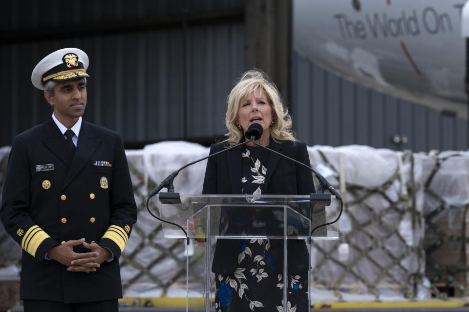 First lady Jill Biden speaks after a Fedex cargo plane arrived with 100,000 pounds of baby formula at Washington Dulles International Airport, in Chantilly, Va., on Wednesday, May 25, 2022. (AP Photo/Jose Luis Magana)