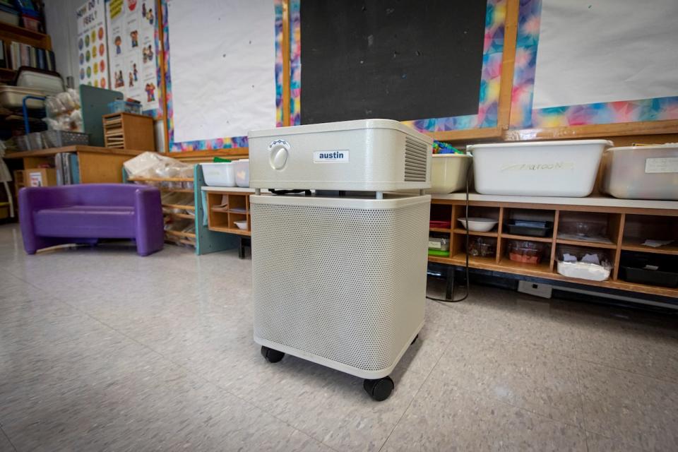 Toronto District School Board staff give a tour of Highland Heights Junior Public School, including new HEPA air filtration systems, on Aug. 10, 2021 as families prepare to return to in-class learning in the fall.