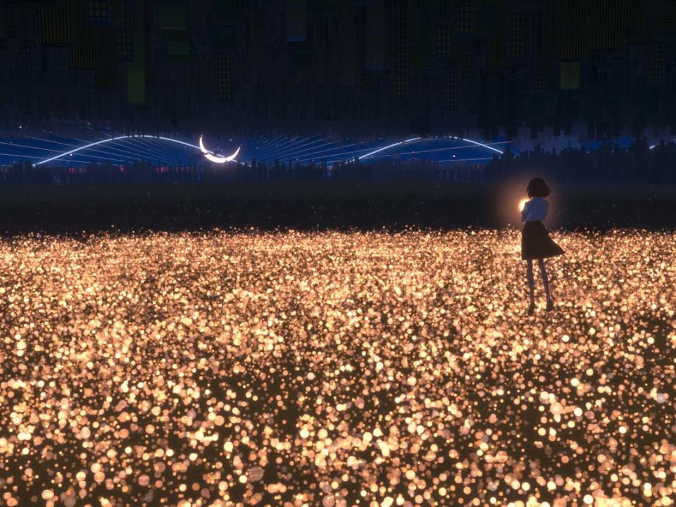 suzu in belle floating in a mirrored cityscape, a crescent moon visible between two parallel skylines and a sea of lights beneath her