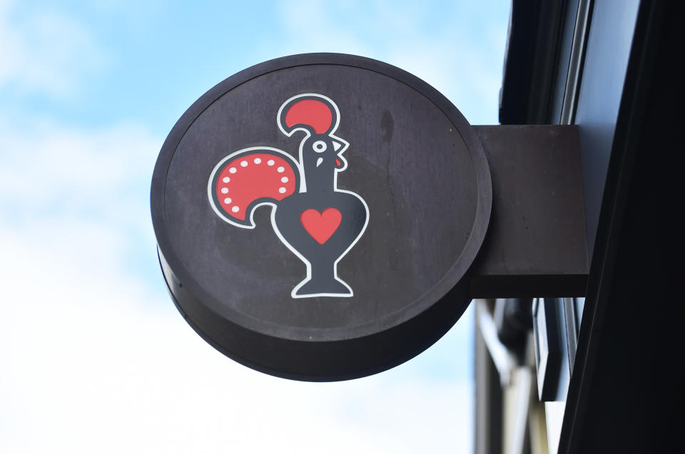 WORCESTER-ENGLAND - MARCH 27: The Nando's logo is seen outside one of its restaurants in Worcester Town Center on March 27, 2021 in Worcester, England . (Photo by Nathan Stirk/Getty Images)
