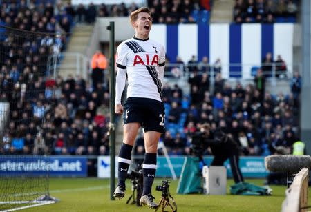 Football Soccer - Colchester United v Tottenham Hotspur - FA Cup Fourth Round - Weston Homes Community Stadium - 30/1/16 Tottenham's Tom Carroll celebrates after scoring their fourth goal Reuters / Dylan Martinez Livepic