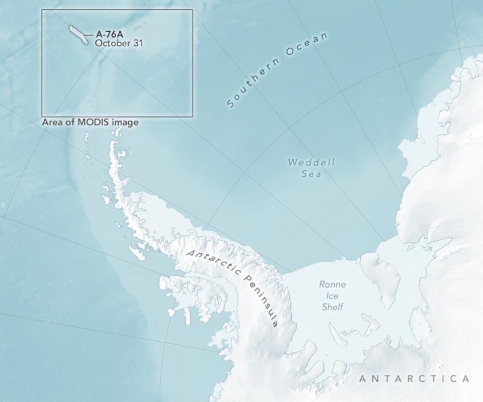 A-76A is the biggest remaining piece of what was once the largest iceberg (NASA Earth Observatory/Lauren Dauphin)