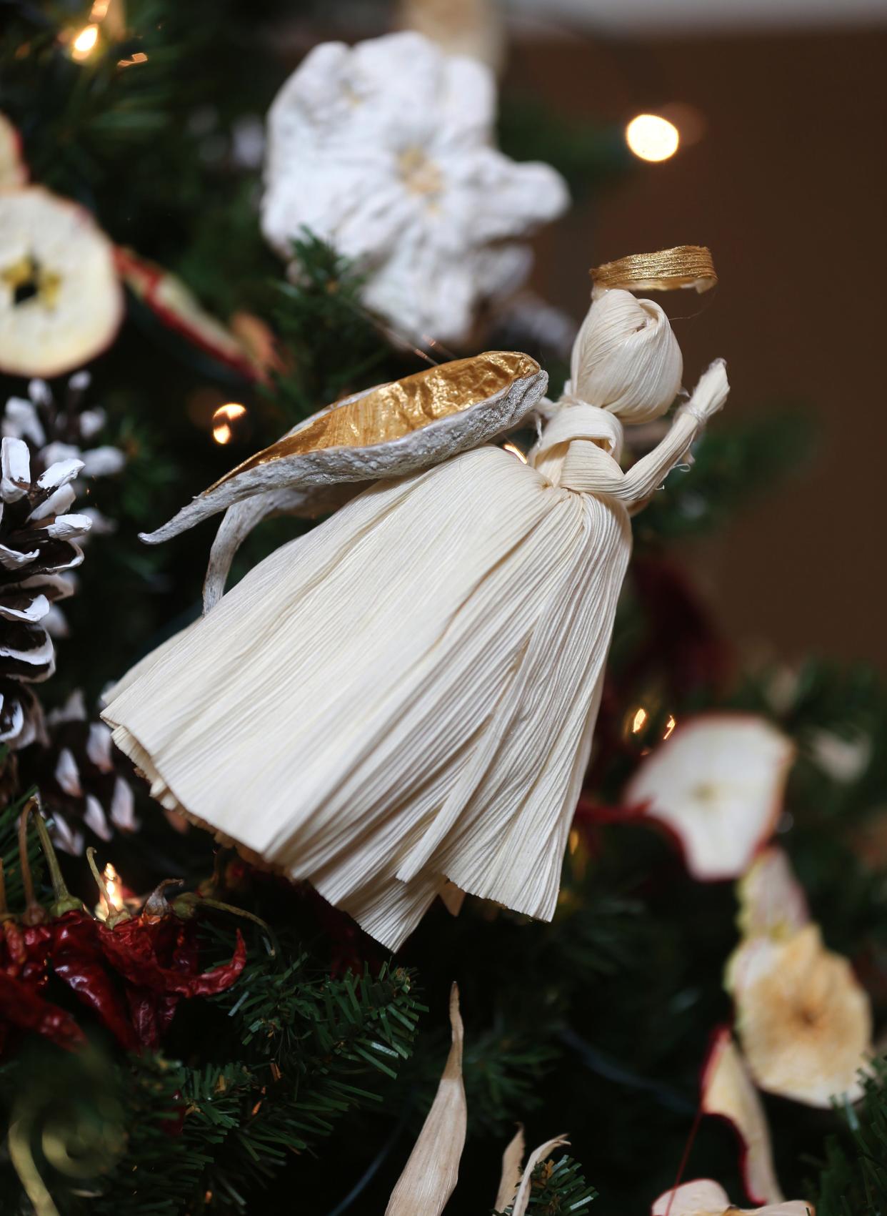 Angel ornaments at the St. Francis Convent are made from corn husks, and their wings are milkweed pods painted gold.