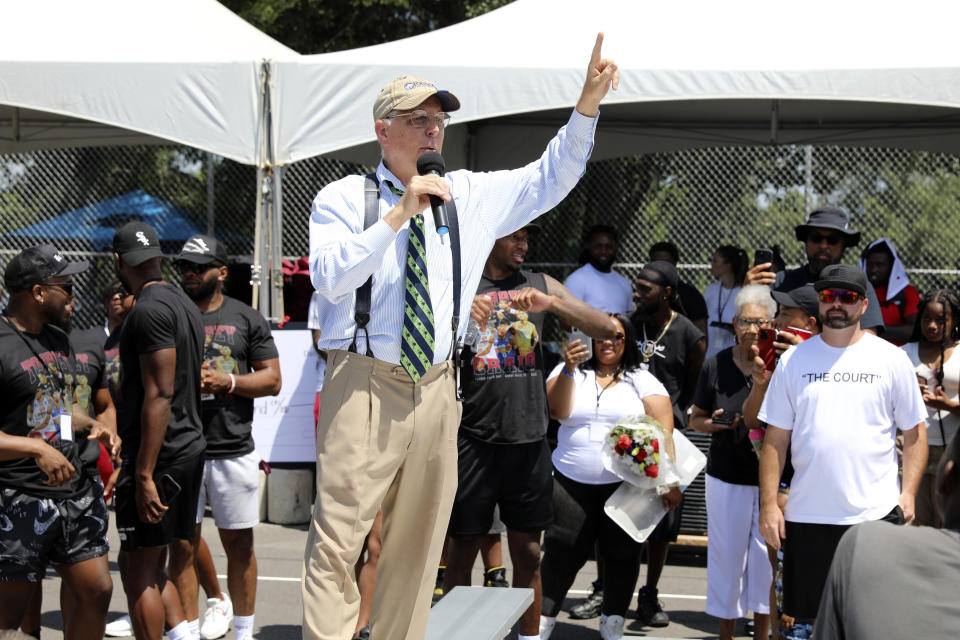 South Carolina state Sen. Mike Fanning, D-Great Falls, speaks to a crowd as he travels across his district, Saturday, Aug. 5, 2023, in Great Falls, S.C. In an increasingly Republican state, Fanning hopes the personal touch can help him keep his seat. (AP Photo/Jeffrey Collins)