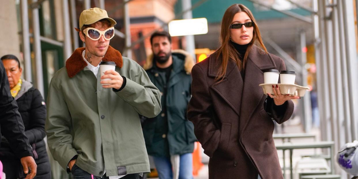 new york, new york   december 06 justin bieber and hailey bieber are seen on december 06, 2022 in new york city photo by gothamgc images