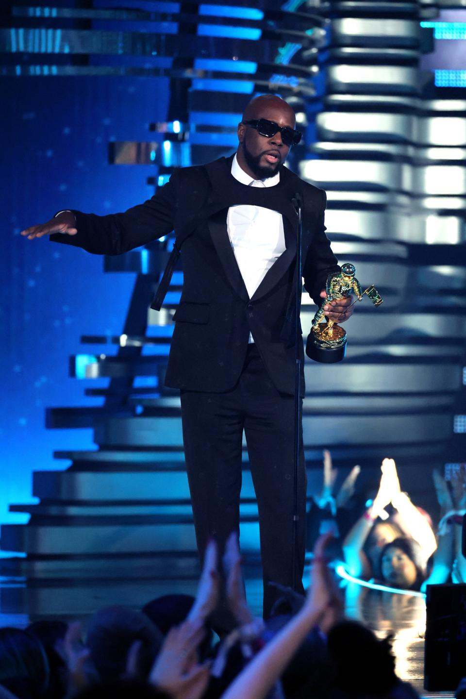 Wyclef Jean speaks at the 2023 MTV VMAs at the Prudential Center in Newark on Tuesday, Sept. 12.