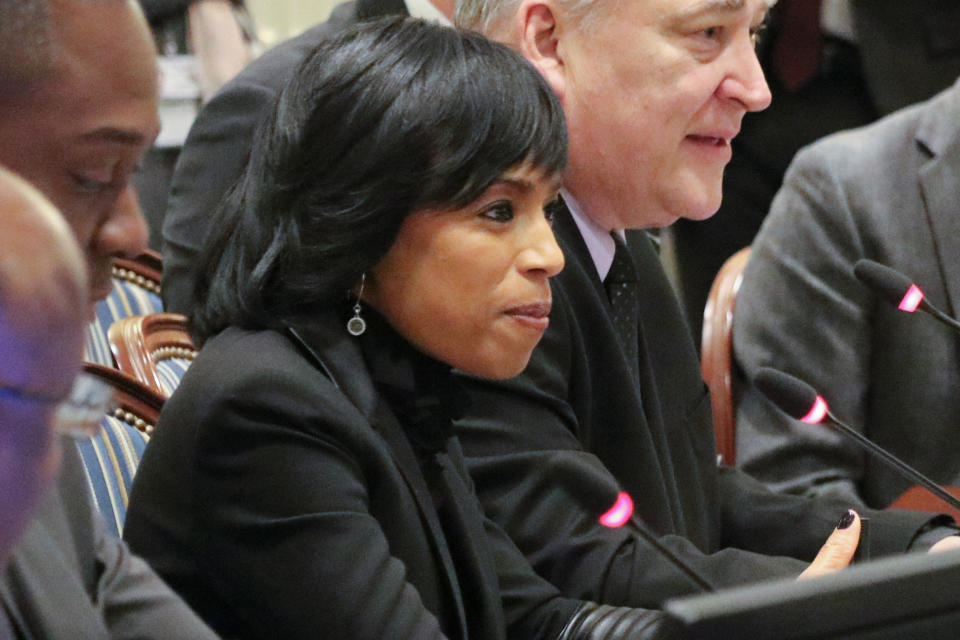 FILE - Prince George's County Executive Angela Alsobrooks, center, listens during a bill hearing in Maryland, Jan. 23, 2020, in Annapolis, Md. Democrats voting in Maryland's contentious primary for U.S. Senate are divided about who is best positioned to beat Republican former Gov. Larry Hogan. Alsobrooks and Congressman David Trone are the most prominent candidates in the Democratic primary. (AP Photo/Brian Witte, File)