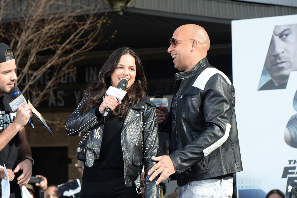 Michelle Rodriguez and Vin Diesel visit Washington Heights on behalf of "The Fate Of The Furious" on April 11, 2017. (Photo by Kevin Mazur/Getty Images for Universal Pictures)