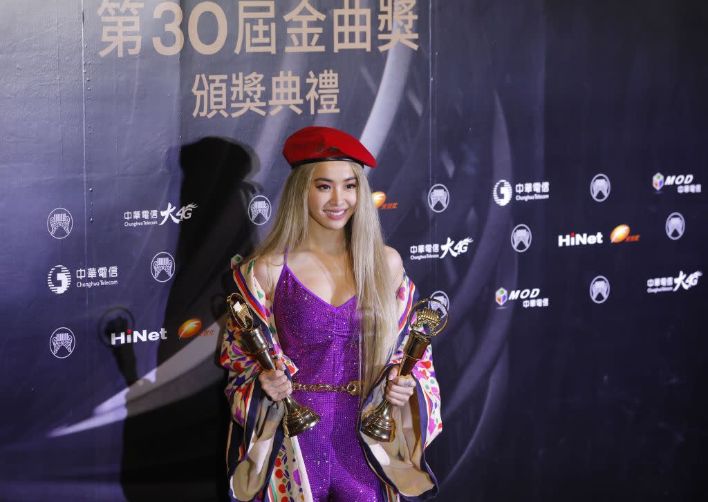 Taiwanese singer Jolin Tsai poses with her trophies after winning the Song of the year and Album of the year at the 30th Golden Melody Awards in the Taipei on June 29, 2019. (Photo by Daniel Shih/Getty Images/AFP) 