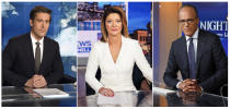 This combination photo shows network news anchors, from left, David Muir on the set of "World News Tonight with David Muir" on ABC, Norah O'Donnell, host of the new "CBS Evening News with Norah O'Donnell," and Lester Holt of "NBC Nightly News with Lester Holt" and "Dateline" anchor Lester Holt. Twenty years ago the network evening news was considered on the brink of extinction. But more than 32 million people tuned into these broadcasts, along with the “CBS Evening News with Norah O'Donnell,” each night for a rundown of the day's coronavirus developments. (ABC, from left, CBS via AP, and AP Photo)