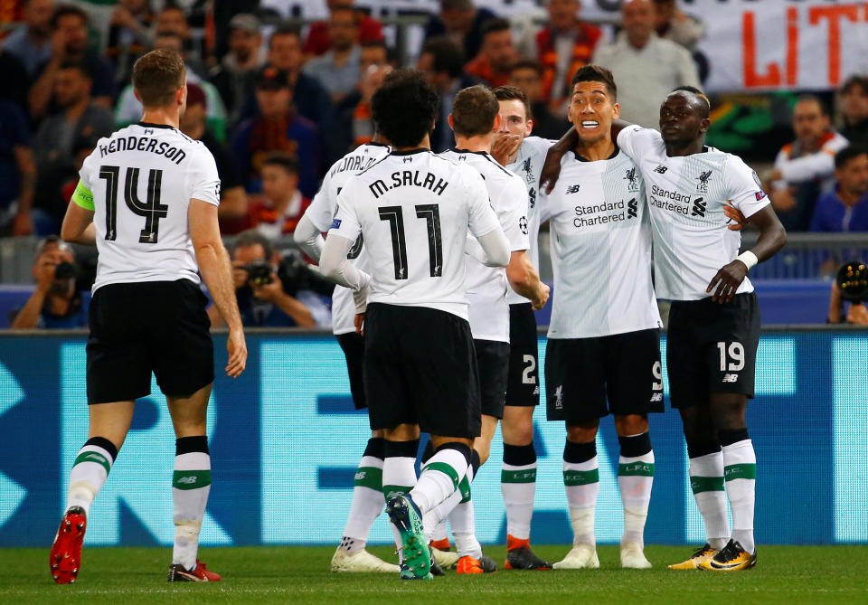 <p>Soccer Football – Champions League Semi Final Second Leg – AS Roma v Liverpool – Stadio Olimpico, Rome, Italy – May 2, 2018 Liverpool’s Sadio Mane celebrates scoring their first goal with team mates REUTERS/Tony Gentile </p>