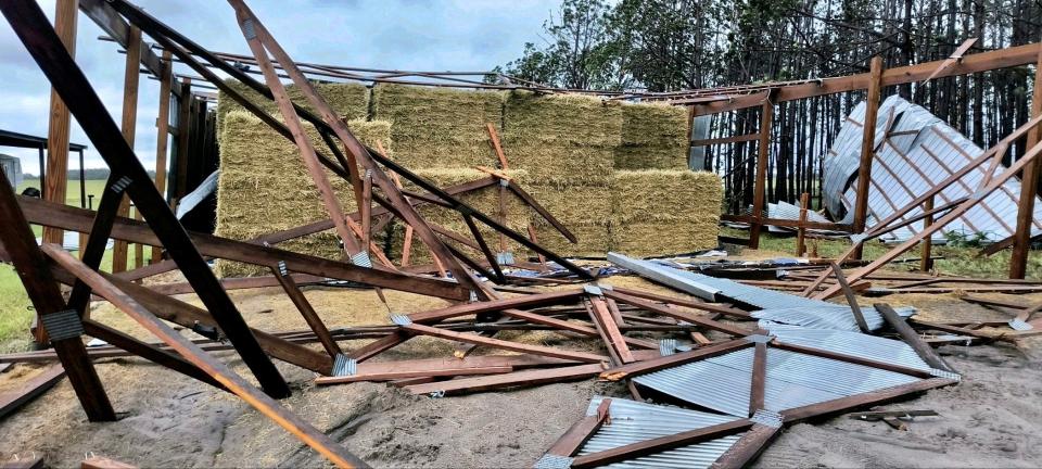 Hurricane Idalia caused severe damage to farms across Suwannee County, including hay barns on the property of longtime farmers Sammy and Tammy Starling of Dowling Park.