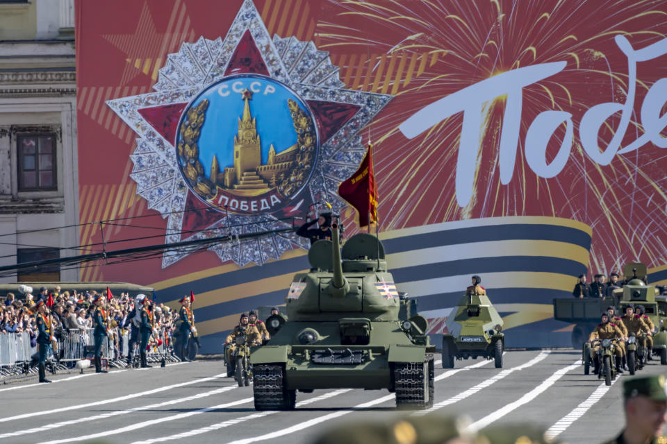 MOSCOW, RUSSIA - MAY 09: Military vehicles parade during the Victory Day military parade to commemorate the 78th anniversary of the Soviet Union's victory in the Great Patriotic War at Red Square on May 9, 2023 in Moscow, Russia. (Photo by VCG/VCG via Getty Images)