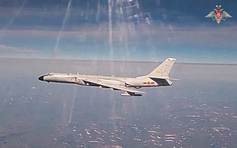 A H-6K long-range bomber of the Chinese air force is seen during a joint Russia-China air patrol