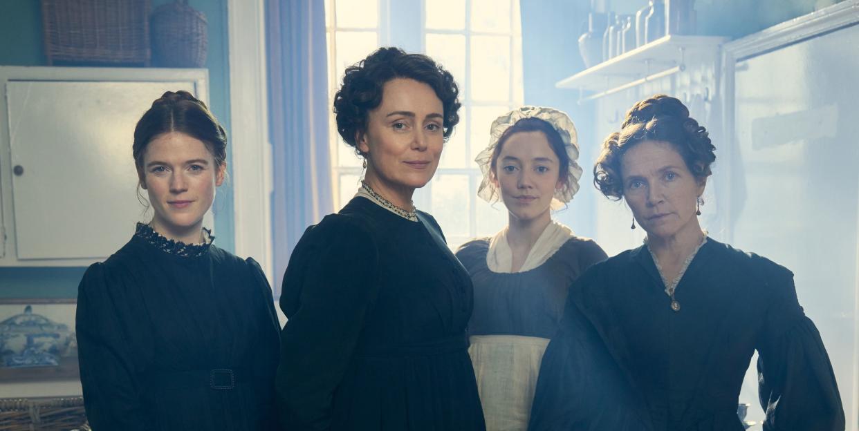 l to r rose leslie as isabella fowle, keeley hawes as cassandra austen, mirren mack as dinah and jessica hynes as mary austen in miss austen photo credit robert viglasky