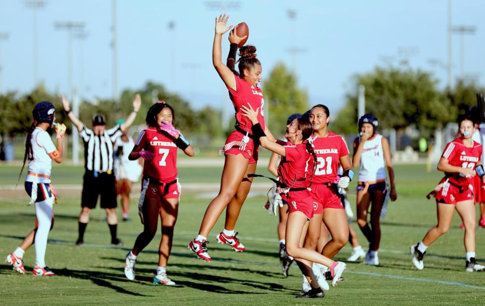 Makena Cook celebrates her touchdown on September 5 against Eastvale Roosevelt.