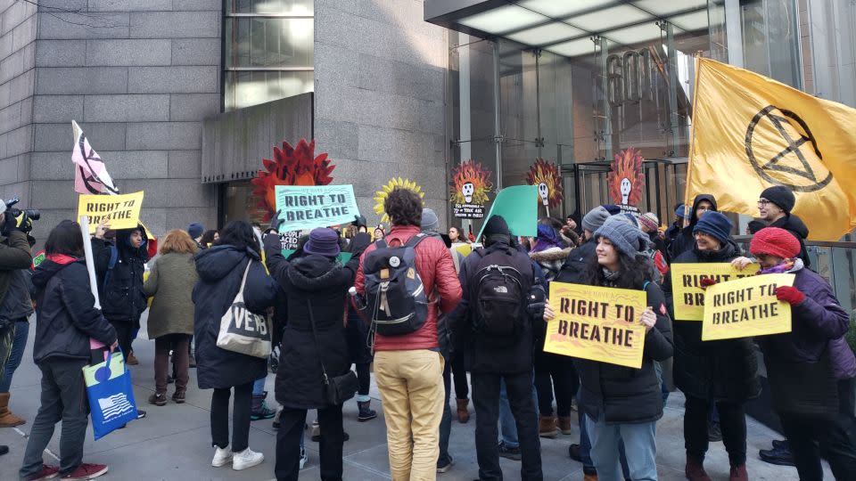 Philly Thrive members gather in the streets of New York City to protest the closed-door auction to sell the refinery site on January 17, 2020. Hilco Redevelopment Partners won the bid. - Rachel Ramirez/CNN