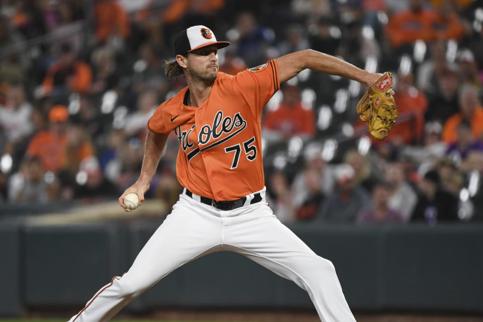 Baltimore Orioles starting pitcher Chris Ellis (75) delivers a pitch during the first inning of a baseball game against the Texas Rangers, Saturday, Sept. 25, 2021, in Baltimore. (AP Photo/Terrance Williams)