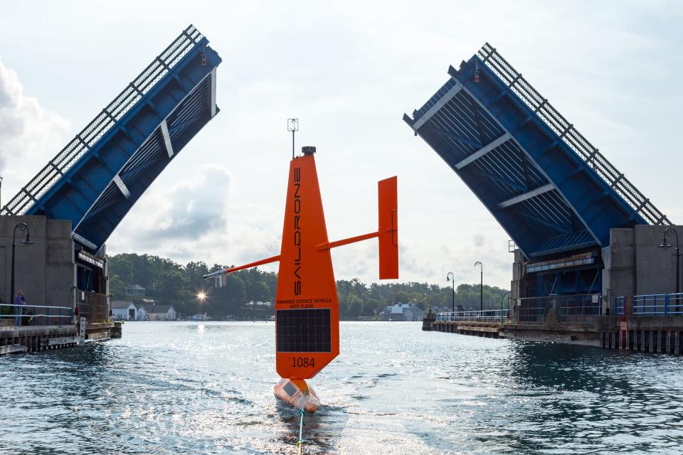 The USGS worked with Saildrone, Inc., to launch an autonomous surface vehicle called a Saildrone Explorer into Lake Michigan out of Charlevoix on July 19, 2023.