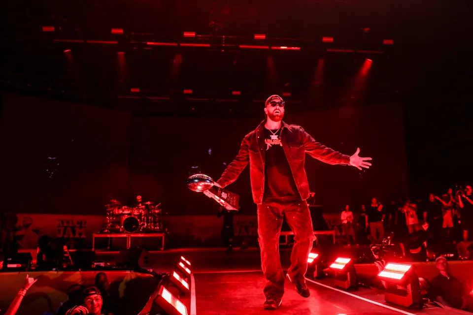 Travis Kelce on stage during kelce fest at Azura Amphitheater on May 18, 2024 in Bonner Springs, Kansas. (Getty)