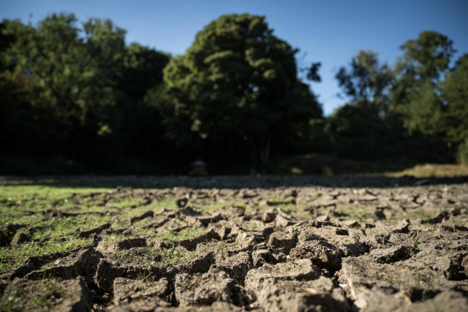 Cracked earth is seen on the dried bed of the village pond in Northend near Henley-on-Thames (Getty Images)