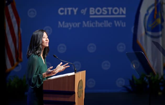 Boston Mayor Michelle Wu delivers her first State of the City address in January. She has plowed more city money into pre-K and said she wants to make Boston the 