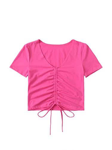 SheIn Women's V Neck Short Sleeve Drawstring Front Solid Crop Tops