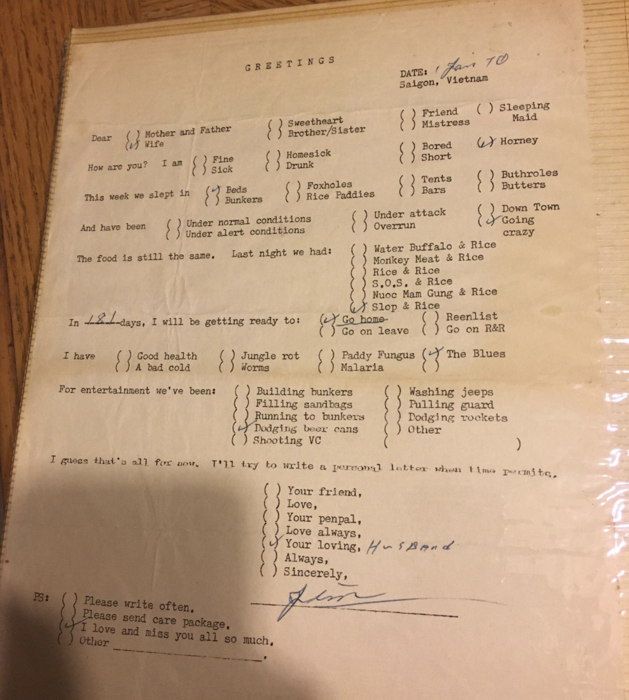 Typed letter from soldier in Saigon, Vietnam in July 1970 to family, with fill-in-the-blanks about daily life and activities