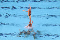 <p>Malaysia performs during the synchronised swimming team free event on 20 Aug. Singapore won gold in the event, Malaysia took the silver and Indonesia bronze. Photo: Hannah Teoh/Yahoo News Singapore </p>