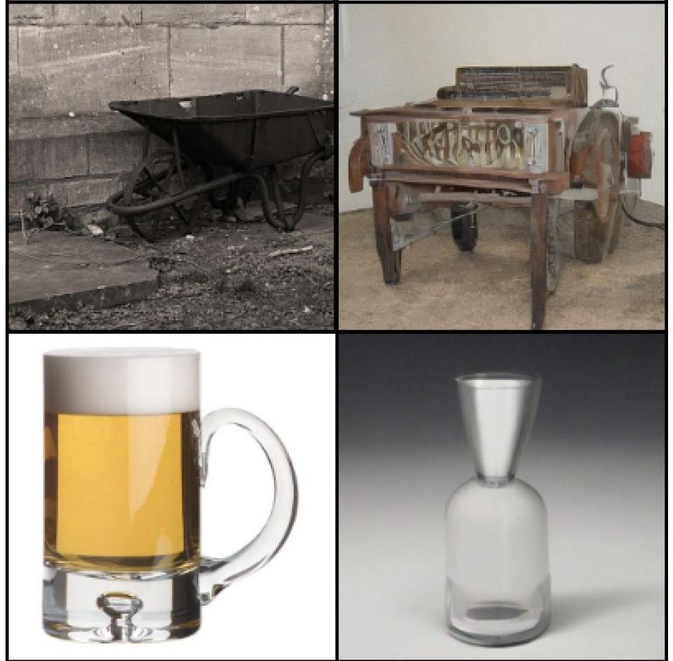 Photo of beer in a glass mug (top left), and photo a wheelbarrow (bottom left), alongside photos generated by AI from human brain waves.