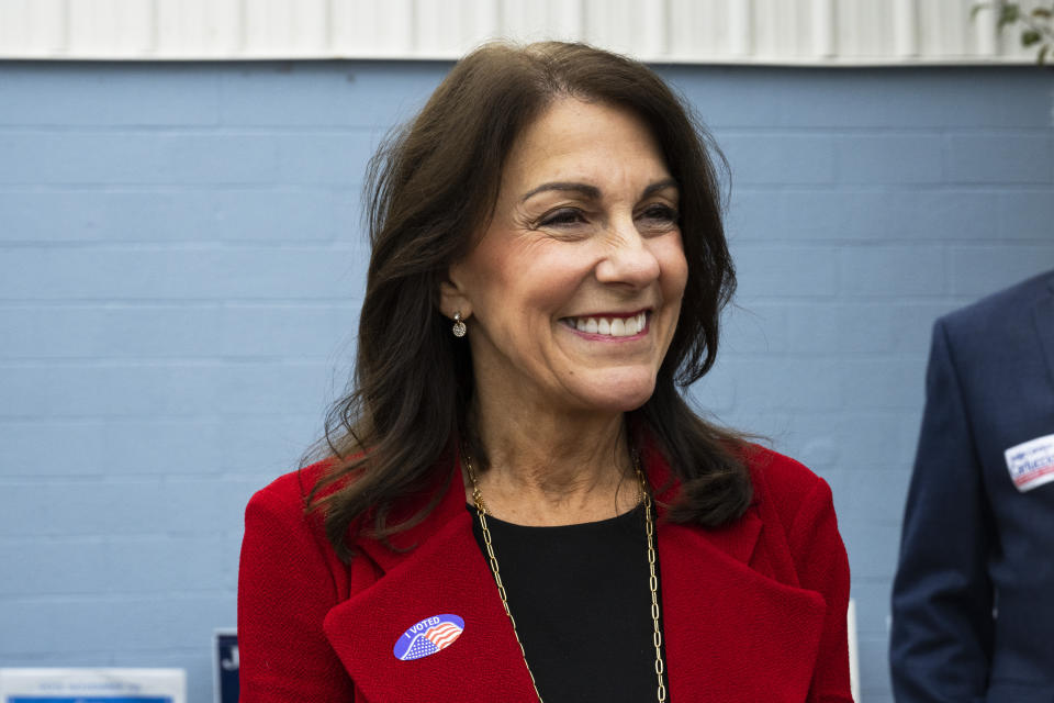 Carolyn Carluccio, Republican Pennsylvania Supreme Court candidate, leaves the Wissahickon Valley Public Library after voting in Blue Bell, Pa. on Tuesday, Nov. 7, 2023. (AP Photo/Joe Lamberti)