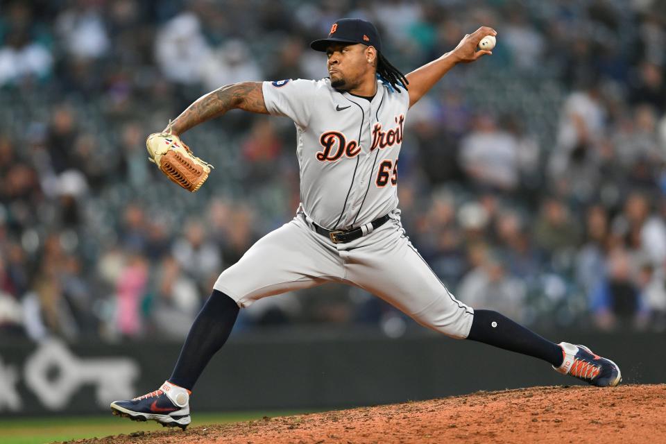 Tigers pitcher Gregory Soto throws to a Mariners batter during the 10th inning of the Tigers' 7-6 loss in 10 innings in Game 1 of the doubleheader on Tuesday, Oct. 4, 2022, in Seattle.